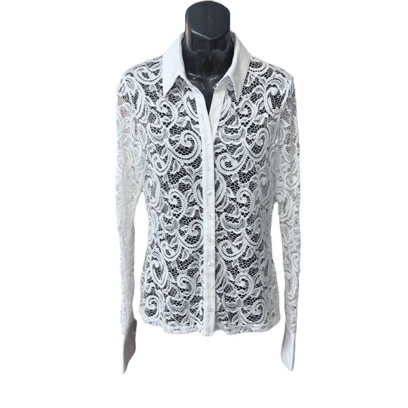 Anne Fontaine Paris Lys Stretch Lace Abstract Button Up Blouse size 42/10 US - Picture 6 of 12
